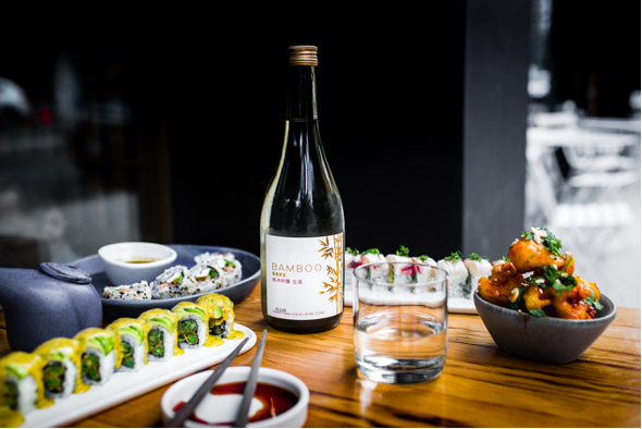 Sushi and Sake on a Table