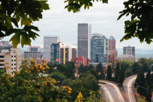 Portland city skyline with foliage in the foreground